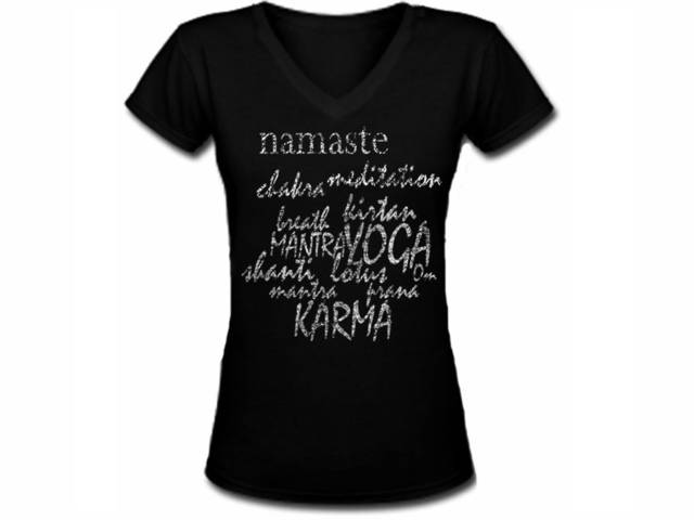Yoga terms chakra,shanti,prana,namaste woman girls black t shirt 1